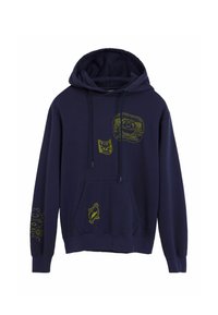 Granatowy polarowy hoodie wykonany z bawełny, z dużą przednią kieszenią, kapturem na sznurki oraz żółtymi grafikami na przodzie i rękawie.