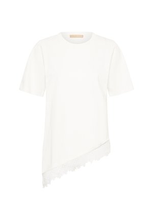 Witte asymmetrische top met korte mouwen, een ronde halslijn en een kanten rand langs de schuine zoom.