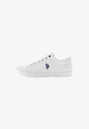 Zapatillas blancas con un acabado de cuero suave, que cuentan con ojales, perforaciones y un logotipo navy. Suela de goma con marca en relieve.