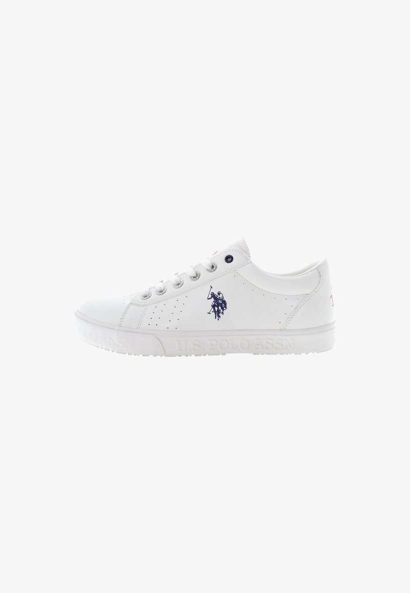 Zapatillas blancas con un acabado de cuero suave, que cuentan con ojales, perforaciones y un logotipo navy. Suela de goma con marca en relieve.
