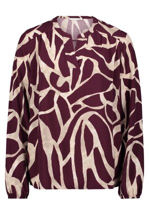 Bordeauxfarbige Bluse mit einem cremefarbenen abstrakten Muster, langen Ärmeln mit Bündchen an den Handgelenken, V-Ausschnitt und weichem, leichtem Stoff.