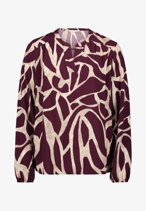 Bordeauxfarbige Bluse mit einem cremefarbenen abstrakten Muster, langen Ärmeln mit Bündchen an den Handgelenken, V-Ausschnitt und weichem, leichtem Stoff.