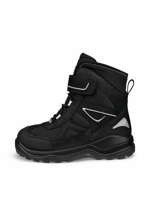 Sort vandtæt high-top vandrestøvle med velcrobånd, polstret ankel, tekstureret sål og trækflig bagpå.