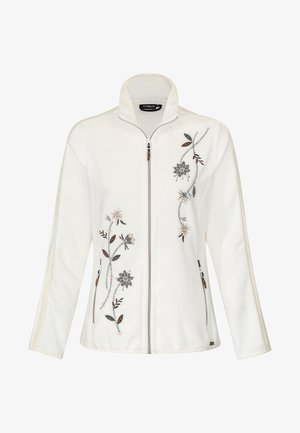 Bílá fleecová bunda s vysokým límcem a předním zipem. Na levé straně má květinovou výšivku v šedých a přírodních tónech.