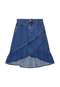 Denim-hame, jossa on kerroksellinen röyhelödesign, sininen väri ja etutaskut. Sisältää kultaiset yksityiskohdat vyötäröllä ja helman kohdalla.