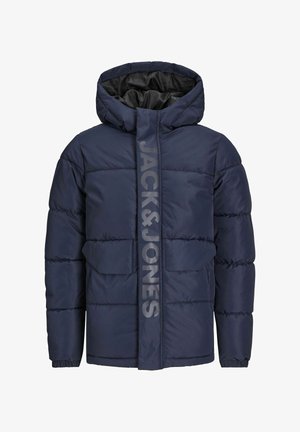 Tummansininen pehmeä takki hupulla, jossa on pystysuuntainen logotunnus, kaksi etutaskua ja tikattu pinta.