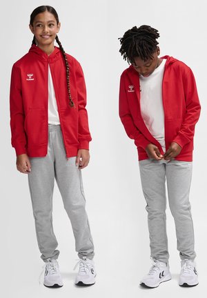 Røde zip-up hættetrøjer med kengurulommer, parret med lysegrå sweatpants. Begge bærer hvide skjorter og sneakers. Logo på tøjet.