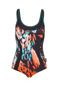Maillot de bain une pièce avec une base noire ornée de motifs abstraits vibrants en turquoise, orange et teal. Texture lisse, design à encolure dégagée.