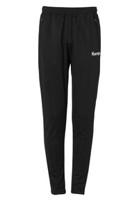 Zwarte sportbroek van gladde stof, met een trekkoord in de taille, twee ritszakken aan de zijkanten en een wit logo op de linker bovenbeen.