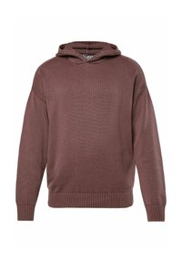 Brauner Strick-Hoodie mit einer Kordelzugkapuze, gerippten Bündchen und Saum. Hergestellt aus strukturiertem Stoff, entworfen für Komfort und Wärme.