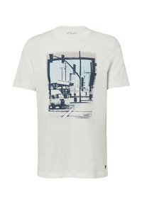 Wit katoenen T-shirt met een blauwe grafische print van een stadstaferelen, inclusief verkeerslichten en een bestelwagen. Ronde hals, korte mouwen.