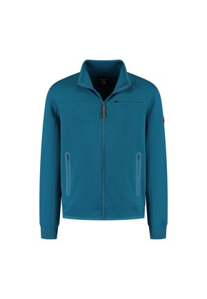 Teal blauwe zip-up jas met hoge kraag, twee met rits gesloten voorzakken, lange mouwen en ribgebreide manchetten.