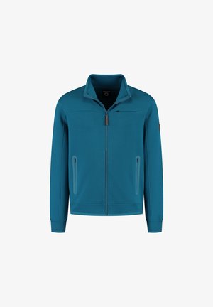 Teal blauwe zip-up jas met hoge kraag, twee met rits gesloten voorzakken, lange mouwen en ribgebreide manchetten.