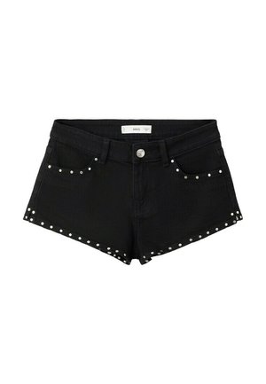 Shorts en jean noir avec des clous argentés le long des bords des poches et de l'ourlet, avec un bouton à l'avant et des passants pour ceinture.