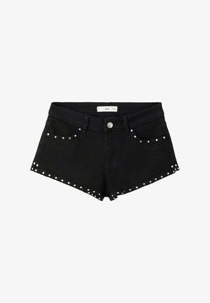 Shorts en jean noir avec des clous argentés le long des bords des poches et de l'ourlet, avec un bouton à l'avant et des passants pour ceinture.