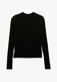 Zwarte geribbelde sweater met lange mouwen, een ronde hals en een textuur stof. Heeft een aansluitende snit en een iets gecropte zoom.