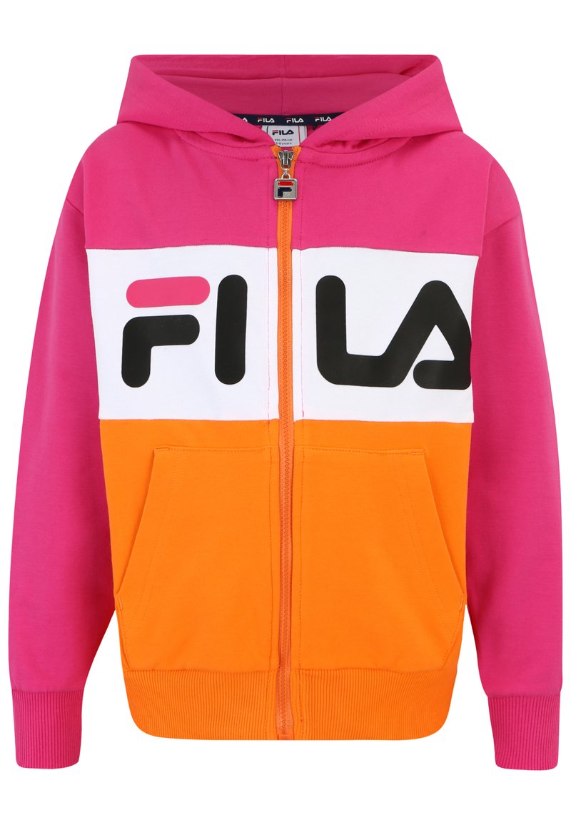 Felpa con zip per bambini, con cappuccio e maniche rosa, pannello centrale bianco con logo FILA nero e rosa, e parte inferiore arancione con tasche.