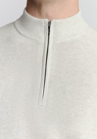 Lichtgrijze sweater met een kwart rits, afgewerkt met een geribde kraag en een gladde stof. Voorzien van een dunne, donkere rits aan de voorkant.