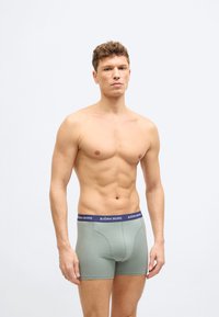 Άντρας χωρίς πουκάμισο που φοράει ανοιχτό πράσινο εσώρουχο μποξέρ Björn Borg με μπλε σκούρο λάστιχο μέσης, στέκεται μπροστά σε λευκό απλό φόντο.