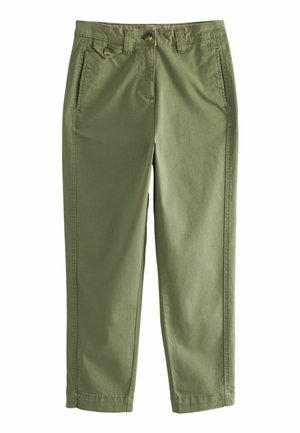 Olivengrüne, leichte Baumwollhose mit geradem Beinschnitt, Fronttaschen, doppelten Knöpfen am Bund und umgeschlagenem Saum.