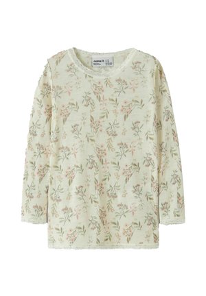 Haut à manches longues en tissu crème clair avec un motif floral rose pâle et vert, orné d'une délicate bordure en dentelle le long de l'encolure et de l'ourlet.