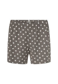 Gray cotton shorts featuring a white polka dot pattern, elastic waistband, and relaxed fit. Smooth texture with stitched hems.