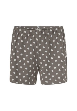 Graue Baumwollshorts mit weißen Polka-Dots, elastischem Bund und lockerem Schnitt. Glatte Textur mit abgesteppten Säumen.