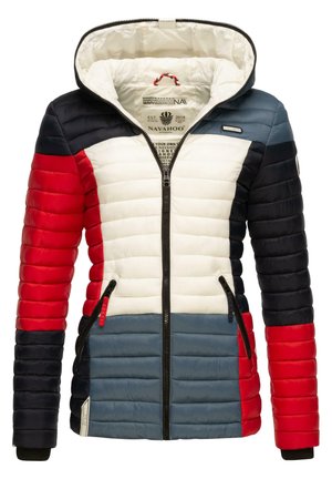 Gepolsterte Kapuzenjacke mit einem Farbblockdesign in Rot, Weiß, Blau und Marineblau. Verfügt über Reißverschlusstaschen und einen Reißverschluss vorne.
