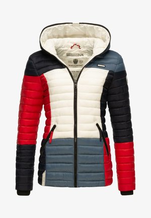 Veste à capuche rembourrée avec un design en blocs de couleurs rouge, blanc, bleu et marine. Comprend des poches zippées et une fermeture éclair sur le devant.