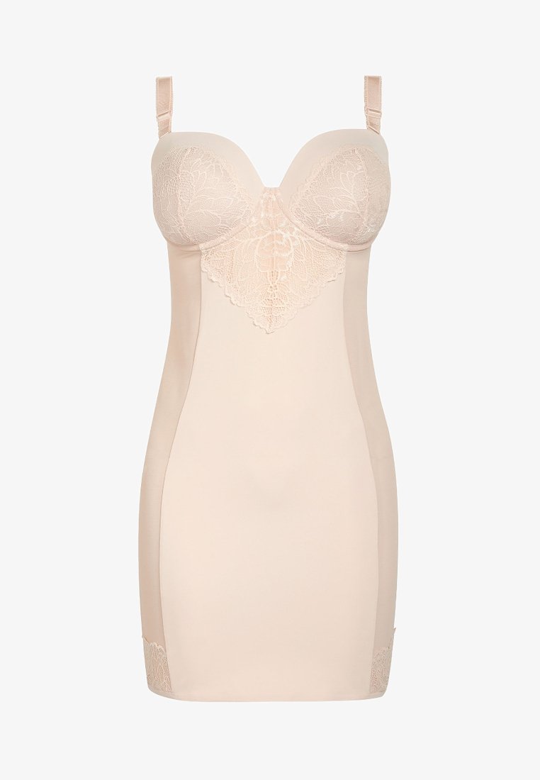 Beige shapewear jurk met kantdetails bij de buste en zoom, verstelbare bandjes, een gladde stof, een aansluitend ontwerp en een gestructureerde silhout.