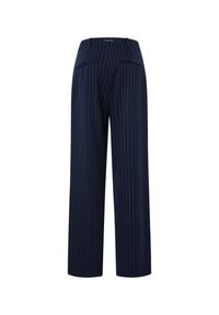 Pantalones de pierna ancha a rayas marinas con cintura alta, que presentan finas rayas verticales blancas. Textura suave con dos bolsillos traseros.