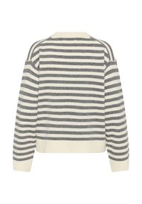 Sweter w paski w odcieniach szaro-białych, cechujący się miękką teksturą, ściągaczem na dole oraz szerokimi rękawami z opadającymi ramionami. Zaprezentowany widok z tyłu.