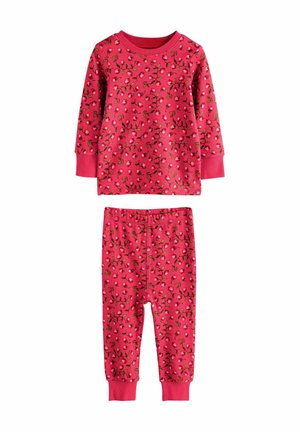 Roter Pyjama-Set mit langen Ärmeln, das mit einem Blumenmuster aus rosa Blumen und grünen Ranken verziert ist. Weicher Stoff mit elastischem Bund und anliegenden Hosen.