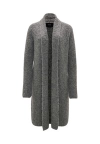 Larga chaqueta de punto gris de abertura frontal, con un tejido suave y texturizado y mangas largas, que se extiende más allá de las caderas.