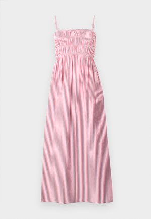 Ol حاملdless, keskmise pikkusega kleit, millel on smockitud bodice. Vertikaalsed punased ja valged triibud, kerge kangas, pehme tekstuuriga. Üksildane ääre.