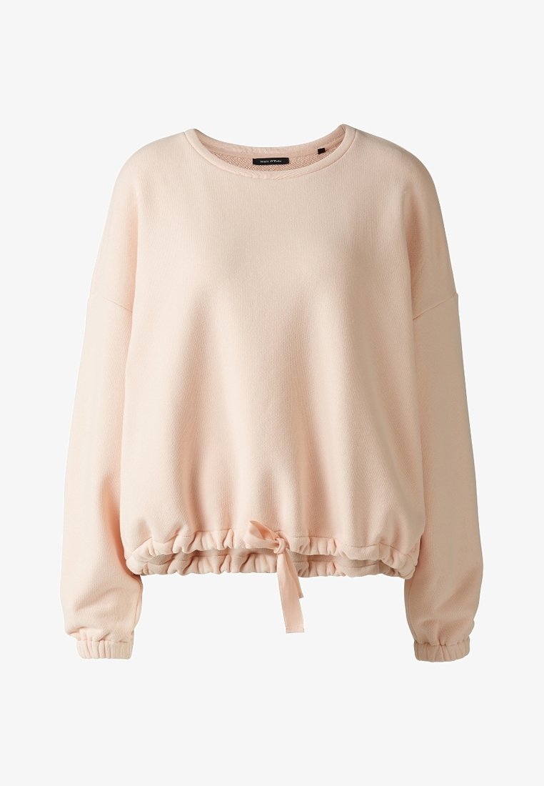 Hellrosa Sweatshirt mit strukturiertem Gewebe, rundem Ausschnitt, langen Ärmeln und elastischem Bund mit einem gebundenen Detail an der Vorderseite.