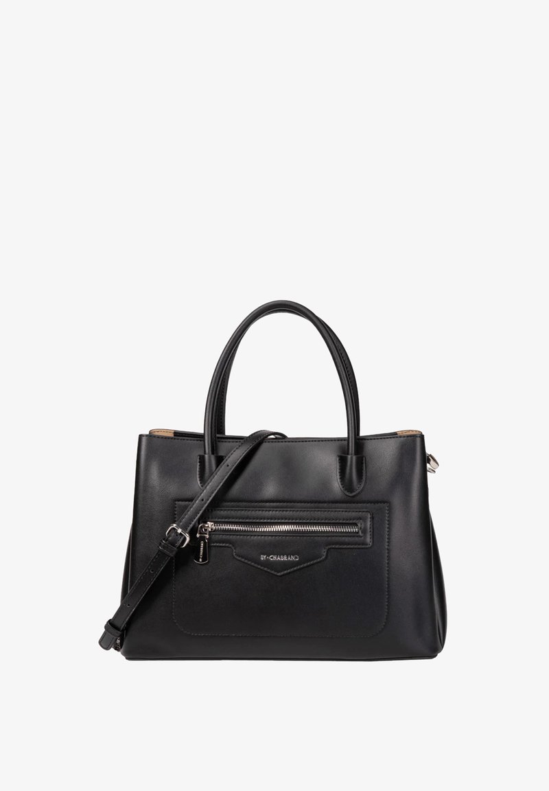 Sac à main en cuir noir avec deux poignées et une bandoulière amovible. Comprend une poche zippée à l'avant et un subtil marquage de la marque sur le devant.