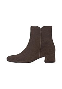Brown suede ankle boot with a rounded toe and a low block heel, featuring a zipper closure at the back for easy wear.