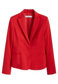 Punainen räätälöity bleiseri, jossa on kaksi nappia, lovelliset kaulukset ja etutaskut. Sileä kangaspinta; jämäkkä muoto; klassinen malli.