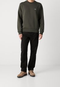Green sweatshirt with a crew neck and ribbed hem, paired with black pants and light brown suede shoes. Features a small logo on the chest.