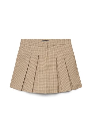 Mini-jupe plissée beige avec petit motif à carreaux et taille ajustée, posée à plat sur fond blanc.