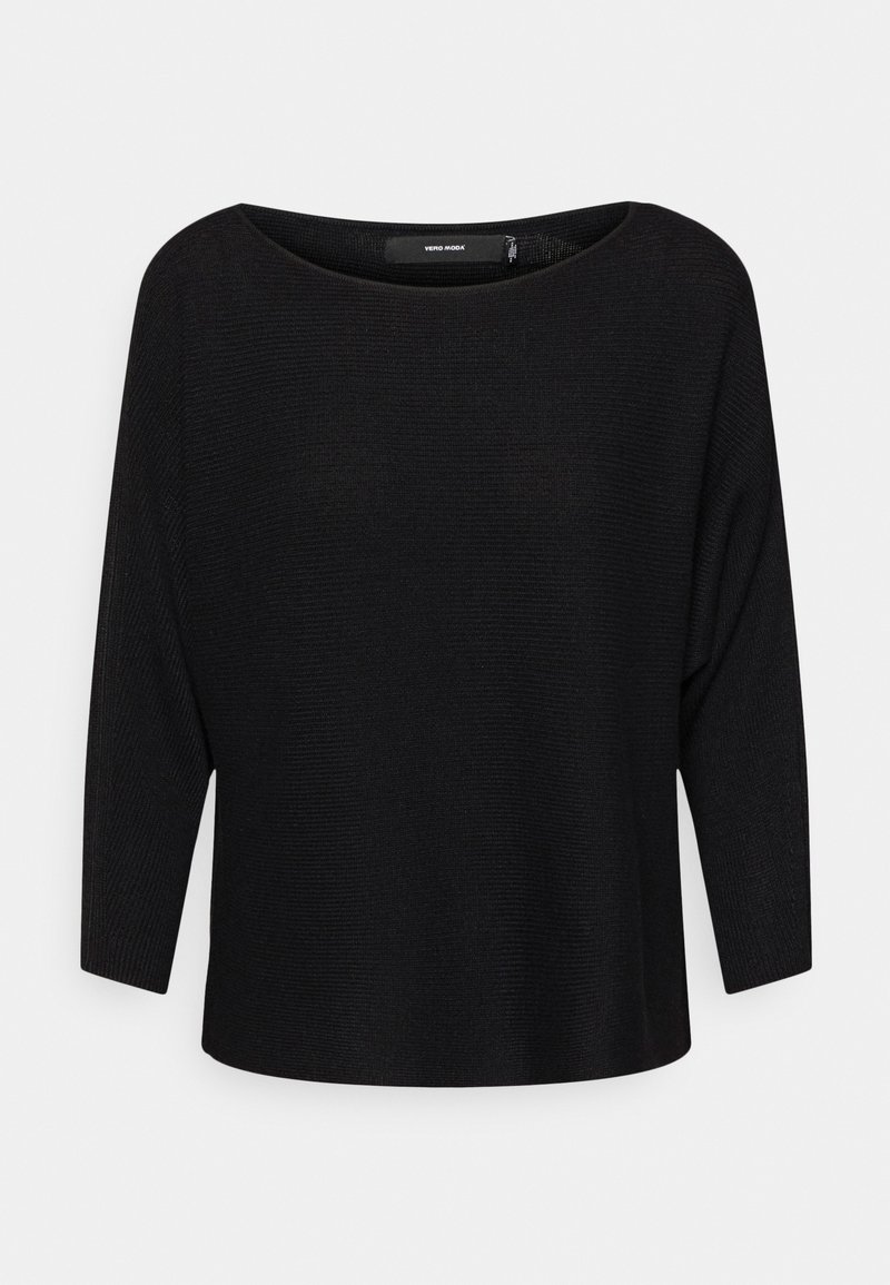 Svart, ribbad stickad tröja med bred båturringning och trekvartsärmar. Enkelt design utan synlig hårdvara eller mönster.