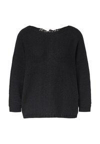 Schwarzer Strickpullover mit lockerer Passform, weitem Ausschnitt und gerippten Bündchen. Verfügt über eine strukturierte Optik und einen geschlitzten Rücken.