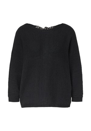 Schwarzer Strickpullover mit lockerer Passform, weitem Ausschnitt und gerippten Bündchen. Verfügt über eine strukturierte Optik und einen geschlitzten Rücken.
