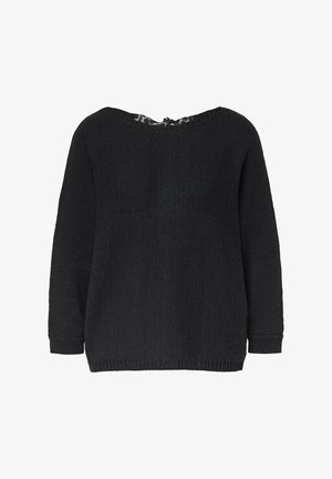 Czarny sweter dzianinowy z luźnym krojem, szerokim dekoltem i ściągaczami na mankietach. Ma teksturowane wykończenie i rozcięcie na plecach.