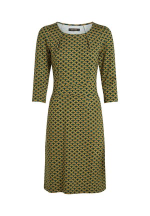 Green dress with three-quarter sleeves, featuring a diamond pattern in yellow and dark green. Made from a smooth, stretchy fabric.