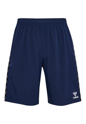 Marineblauwe sportshorts met een elastische tailleband, voorzien van zwarte diagonale strepen aan de zijkanten en een klein wit logo rechtsonder.