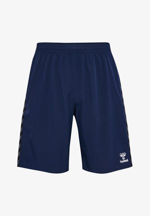 Marineblaue Sportshorts mit einem elastischen Bund, ausgestattet mit schwarzen diagonalen Streifen an den Seiten und einem kleinen weißen Logo unten rechts.