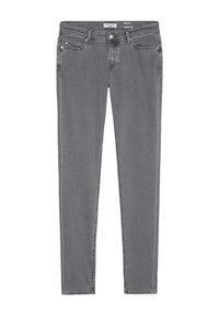 Slim-fit harmaan farkut, joissa on sileä pinta, viiden taskun malli ja hienovaraiset ompeluyksityiskohdat. Varustettu hopeisella napilla ja niiteillä.