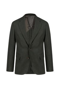 Blazer verde scuro realizzato in tessuto a spina di pesce testurizzato, dotato di due tasche frontali, bottoni marroni e una fodera interna liscia.